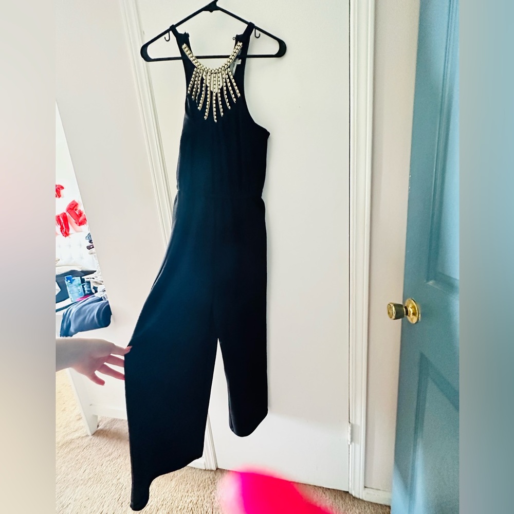 Black Jumpsuit w gold appliances from almost famous